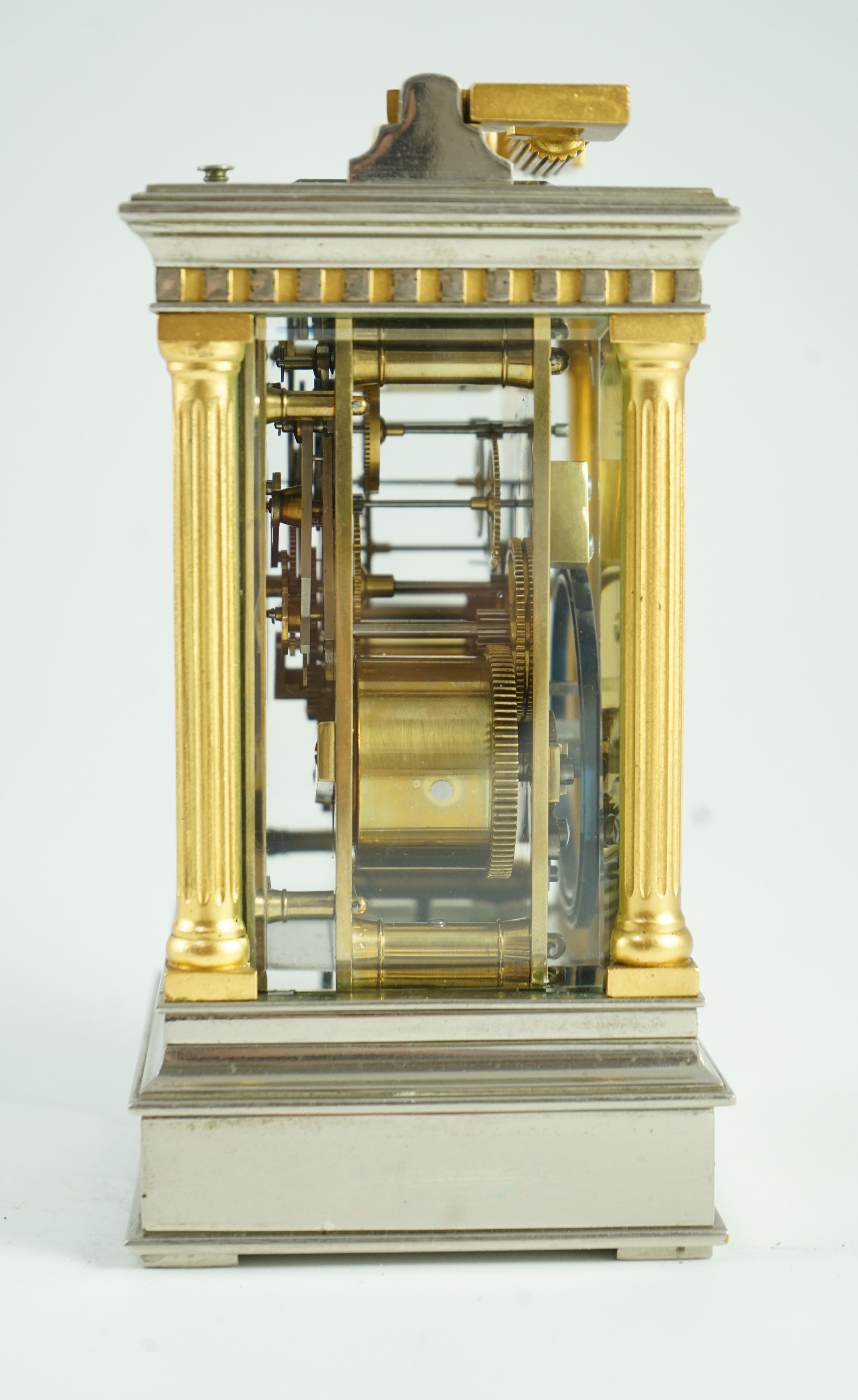 A late 19th century French hour repeating silvered and gilt brass carriage clock, width 10cm, depth 9cm, height 17.5cm